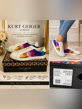 🌈 Kurt Geiger London Lane Stripe Leather Sneakers – Rainbow Metallic | US 6.5
